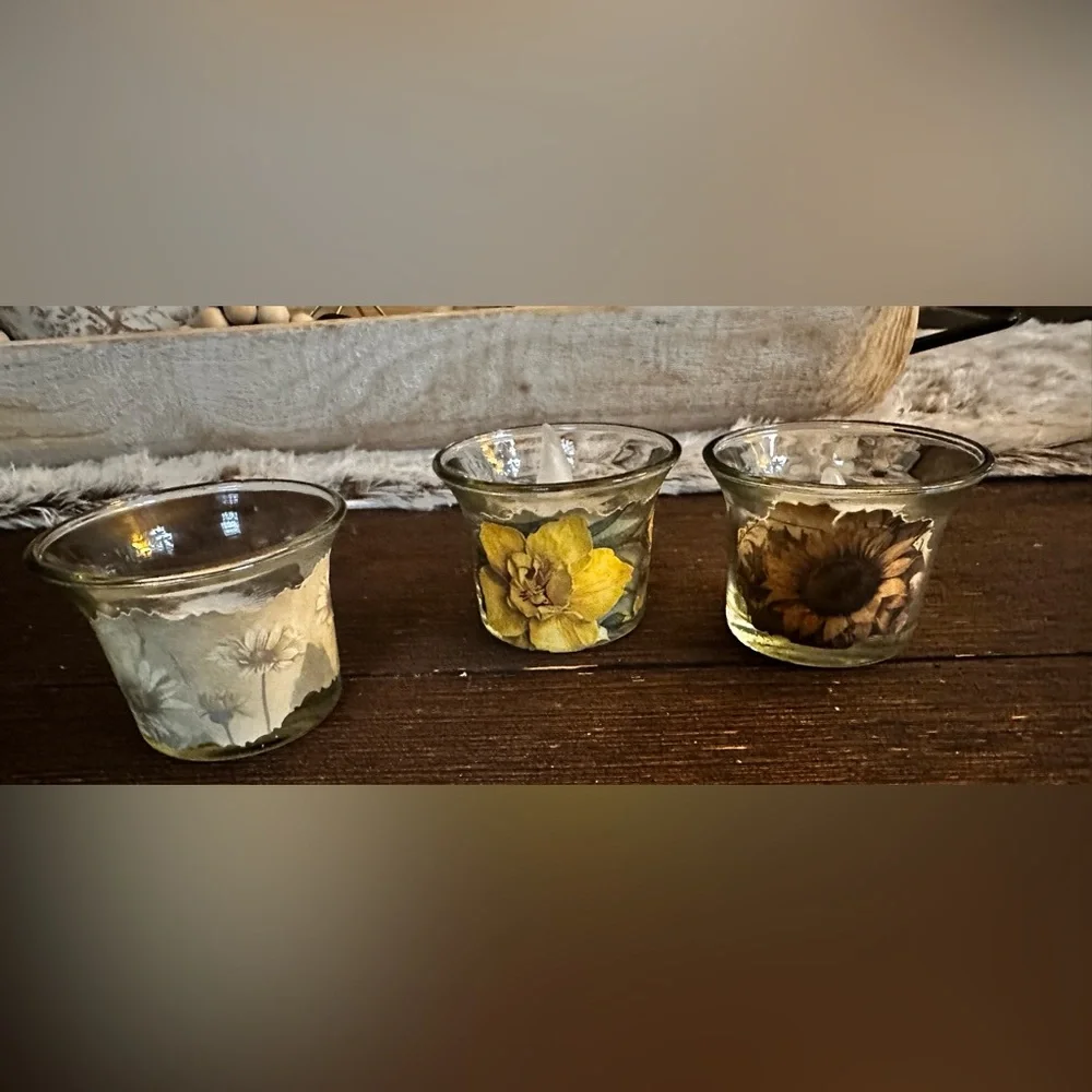 Hand Crafted Yellow and Cream Floral Glass Candle Holders